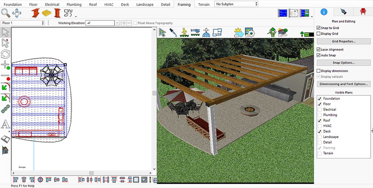 Outdoor kitchen with exposed beam roof design