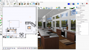 3D and 2D views of a kitchen with central island