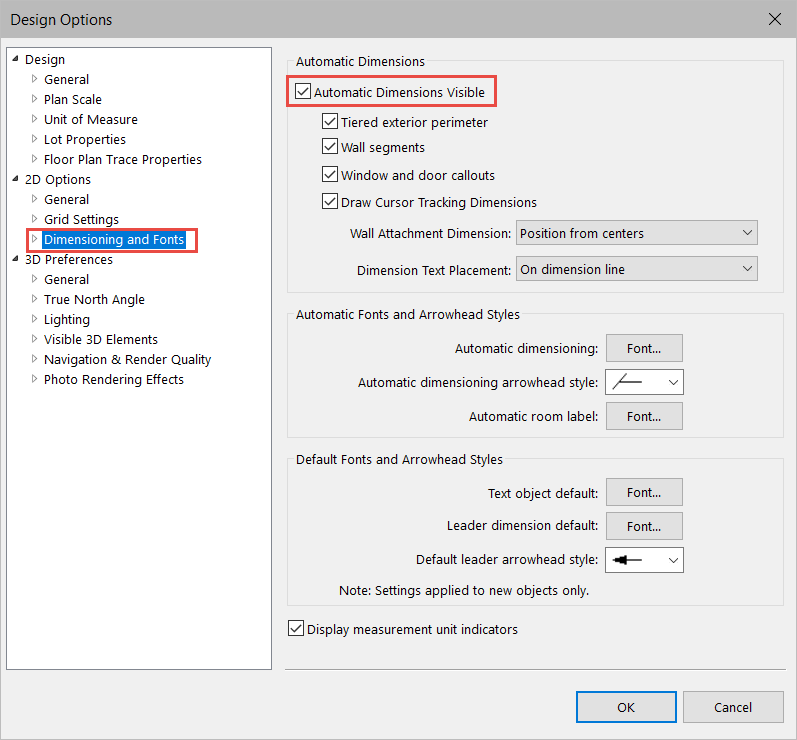 The Design Options dialog with Automatic Dimensions Visible cleared