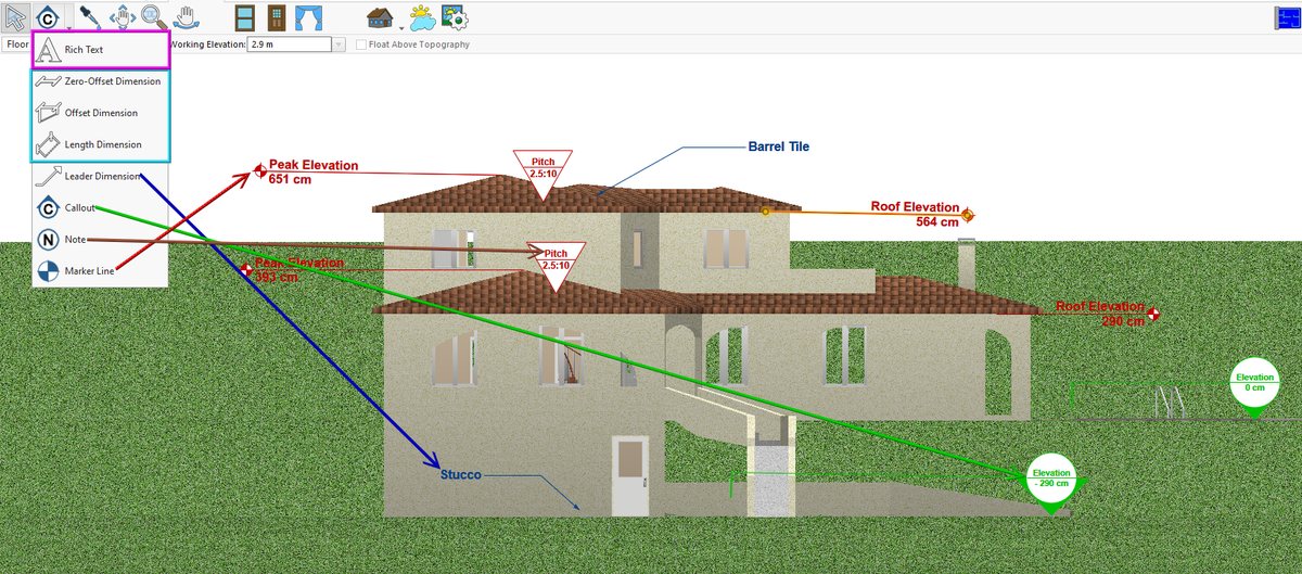 An elevation annotated with text, dimensions, callouts and markers