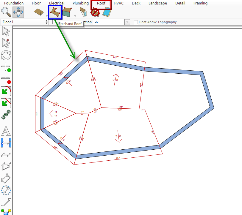 Outlining a roof section with the Freehand Roof tool