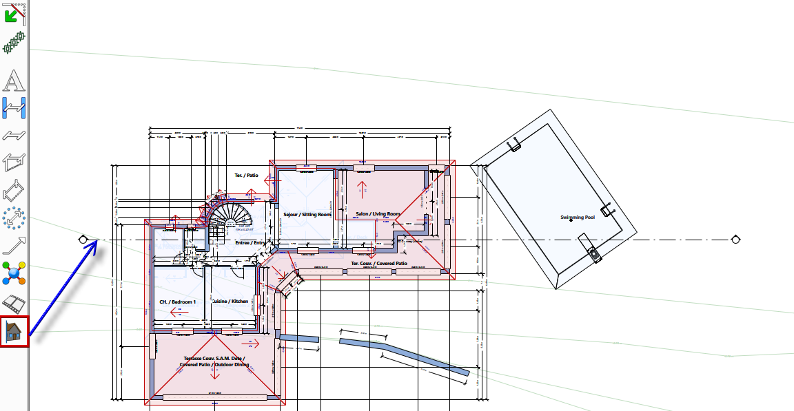 A cutaway line drawn across the building