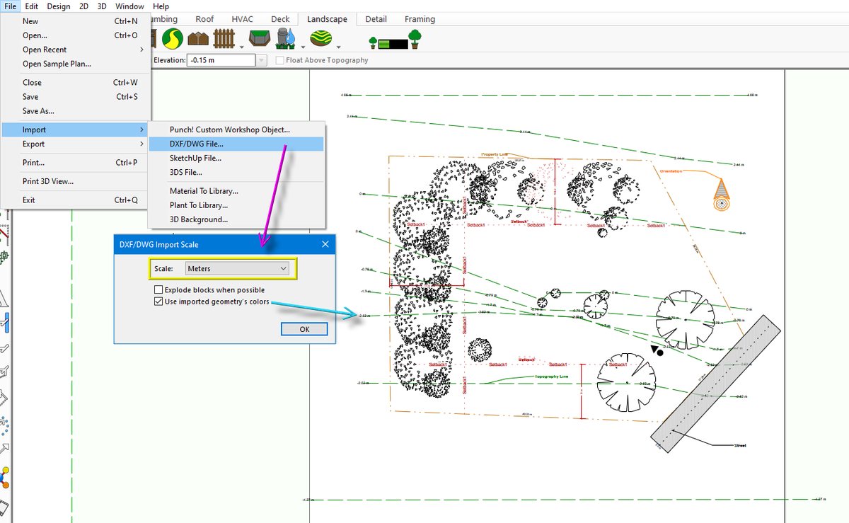 The import dialog for a DXF/DWG plot plan, with the scale setting