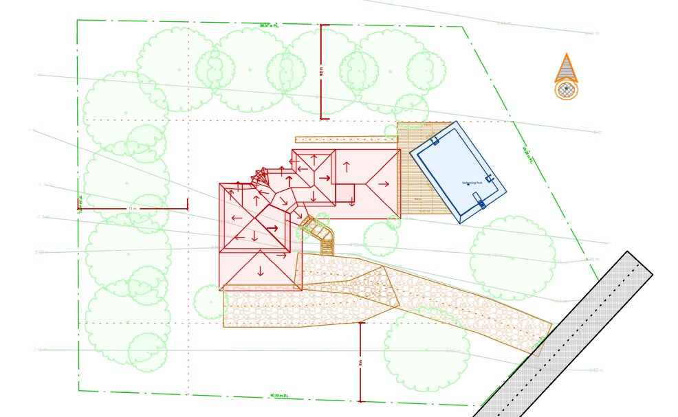 The completed site plan with the house, paths, deck and pool