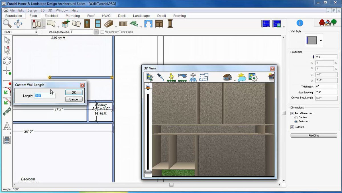 Entering an exact wall length in the custom wall length dialog