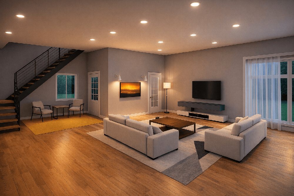 Interiors, lit and furnished